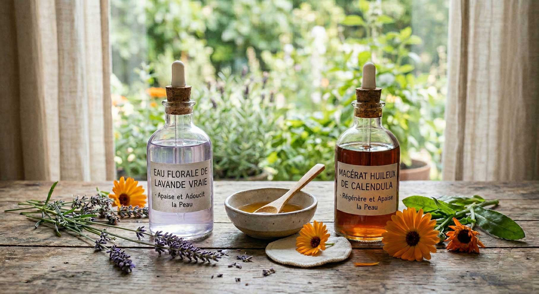 Flacons d’hydrolat de lavande et macérât huileux de calendula avec plantes pour soin naturel de la peau