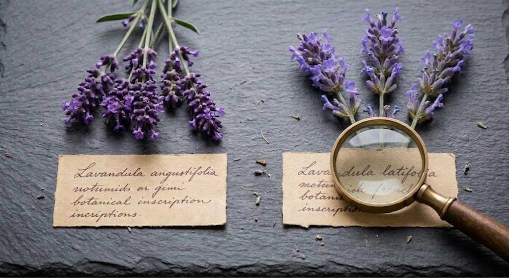 Loupe sur l'étiquette d'un flacon d'huile essentielle avec le nom botanique latin visible