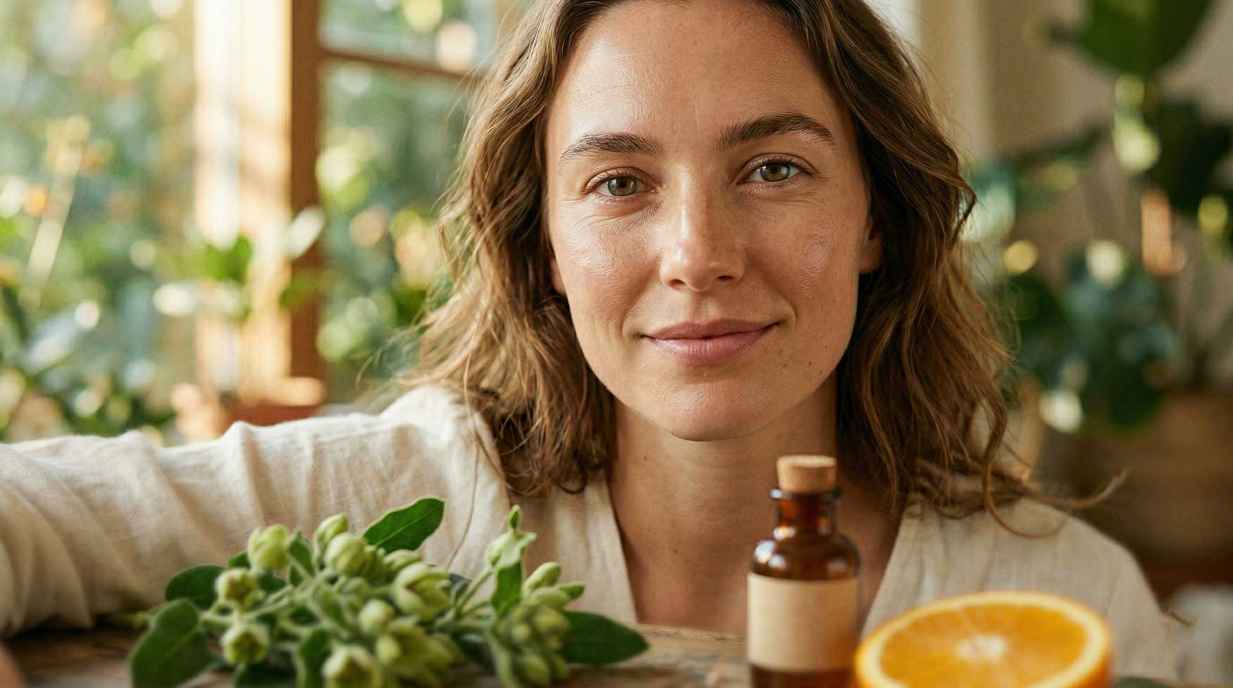 Femme avec plantes médicinales et extrait naturel illustrant les bienfaits de la phytothérapie pour la peau