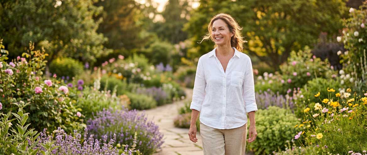 Femme marchant dans un jardin fleuri symbolisant l’équilibre, la détox naturelle et la santé de la peau